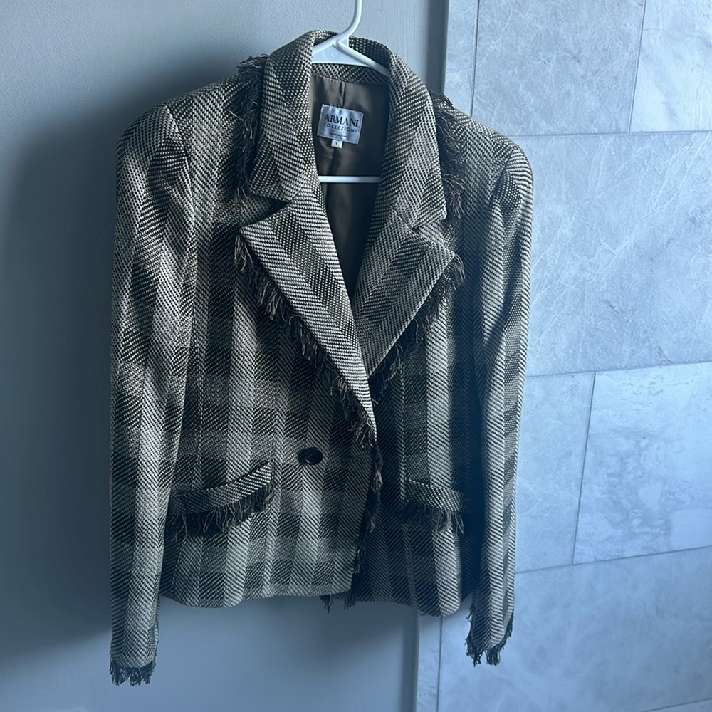 Armani Collezioni plaid fringe blazer